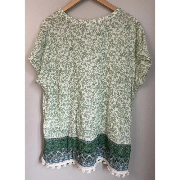 J.Jill Shirt Blouse Green Cream Blue Tassel Size Large Petite LP - Picture 3 of 5